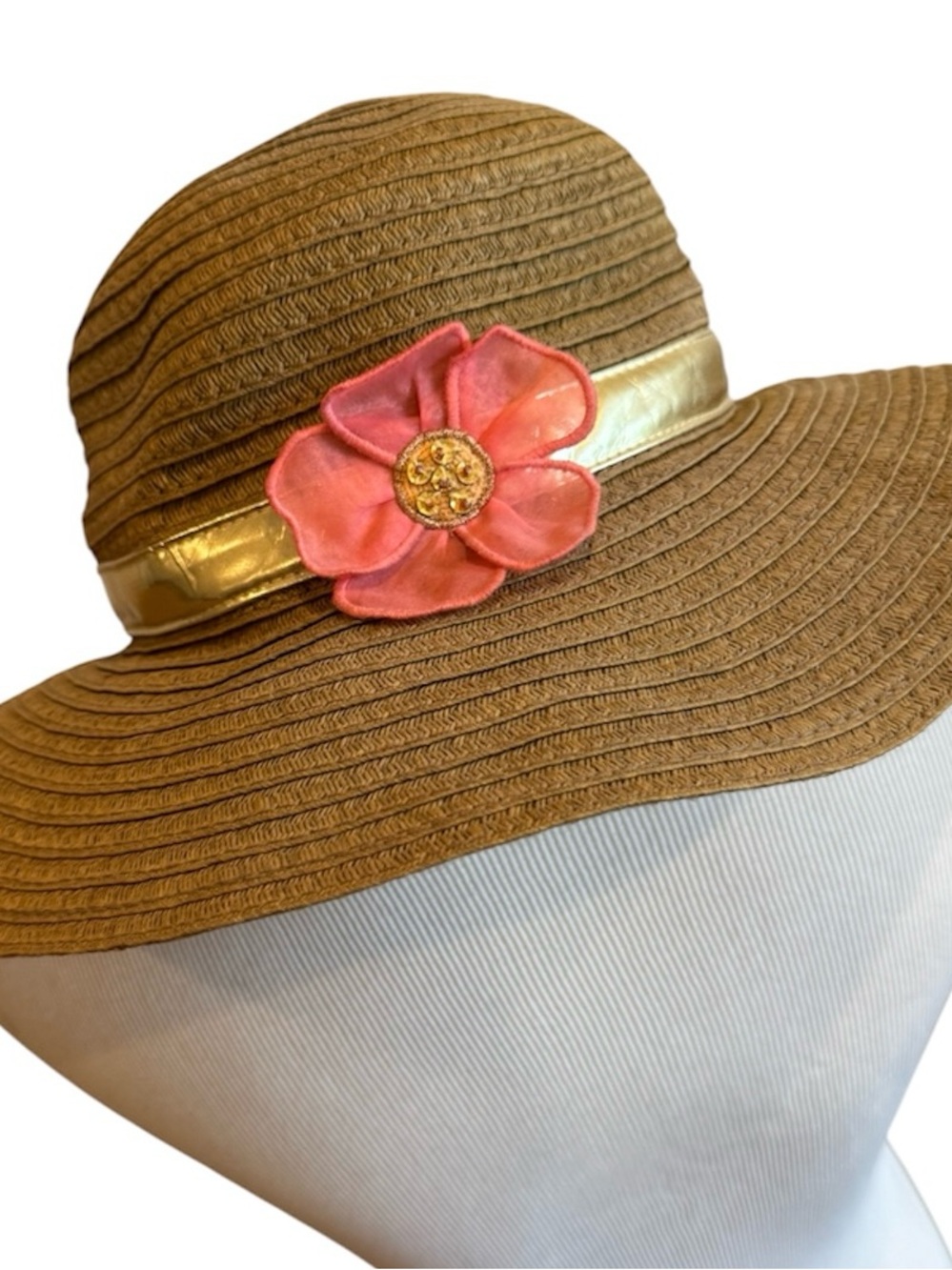 Gymboree Straw Hat Summer Brown Gold Pink Flower Bling Sun Hat - Picture 2 of 6